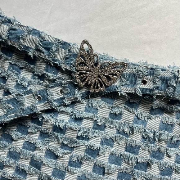 ELSIE & FRED blue denim check frayed distressed y2k butterfly belted mini skirt - Picture 2 of 5